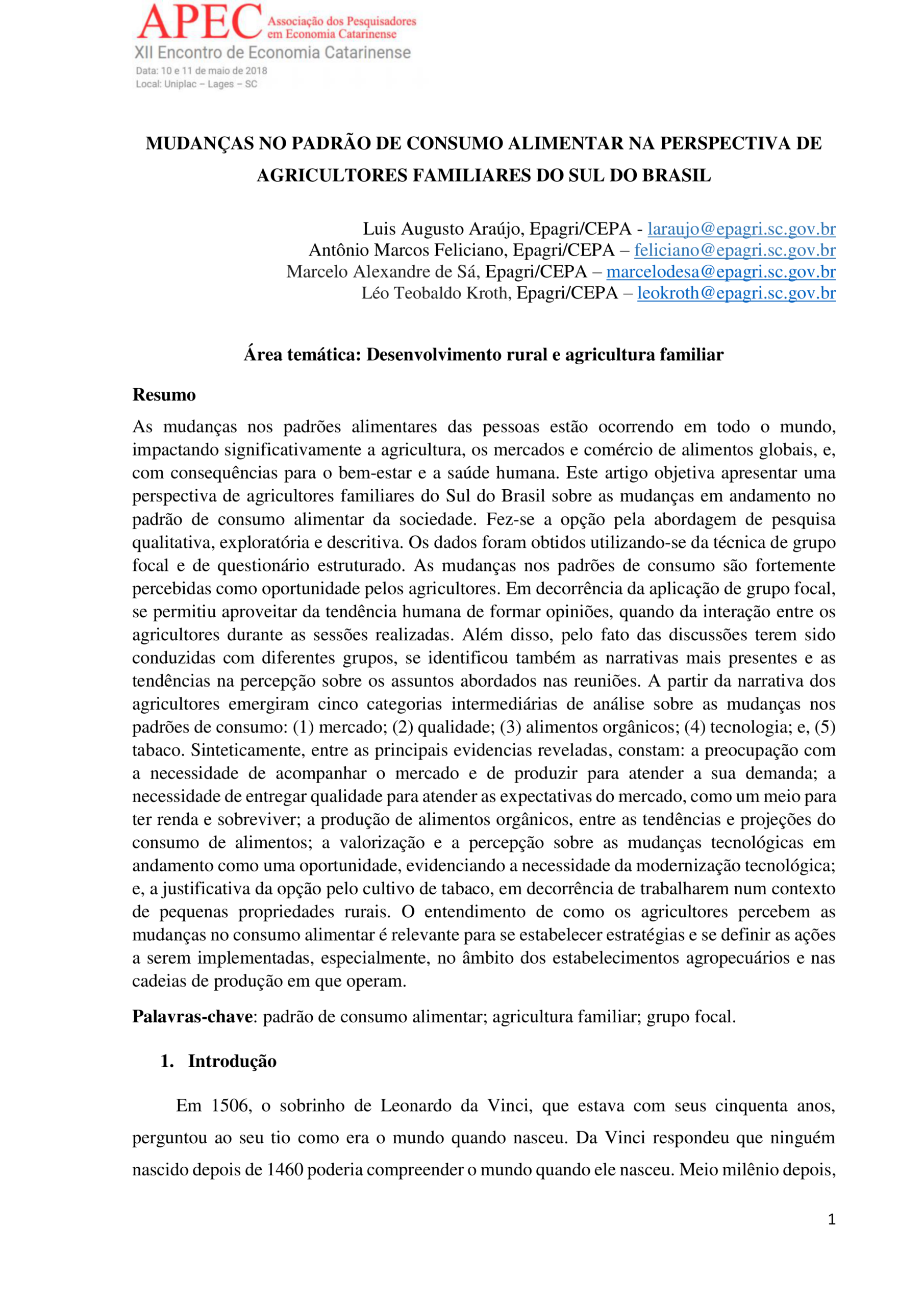 Mudanças no padrão de consumo alimentar na perspectiva de agricultores familiares do Sul do Brasil