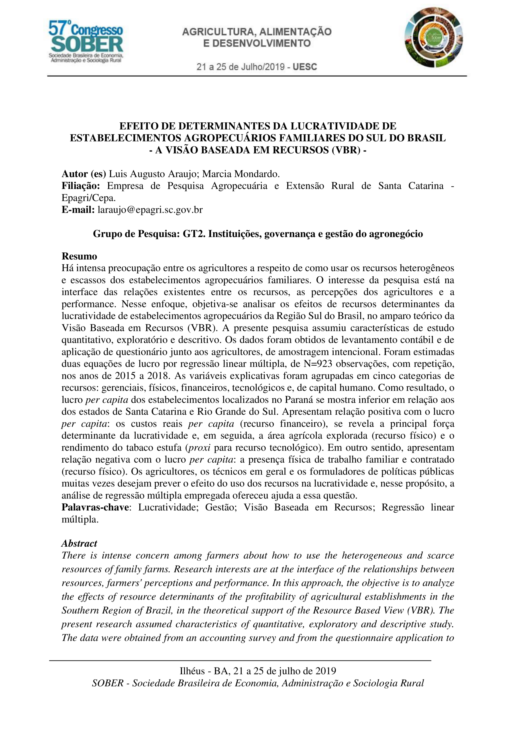Efeito de determinantes da lucratividade de estabelecimentos agropecuários familiares do Sul do Brasil – a visão baseada em recursos (VBR)