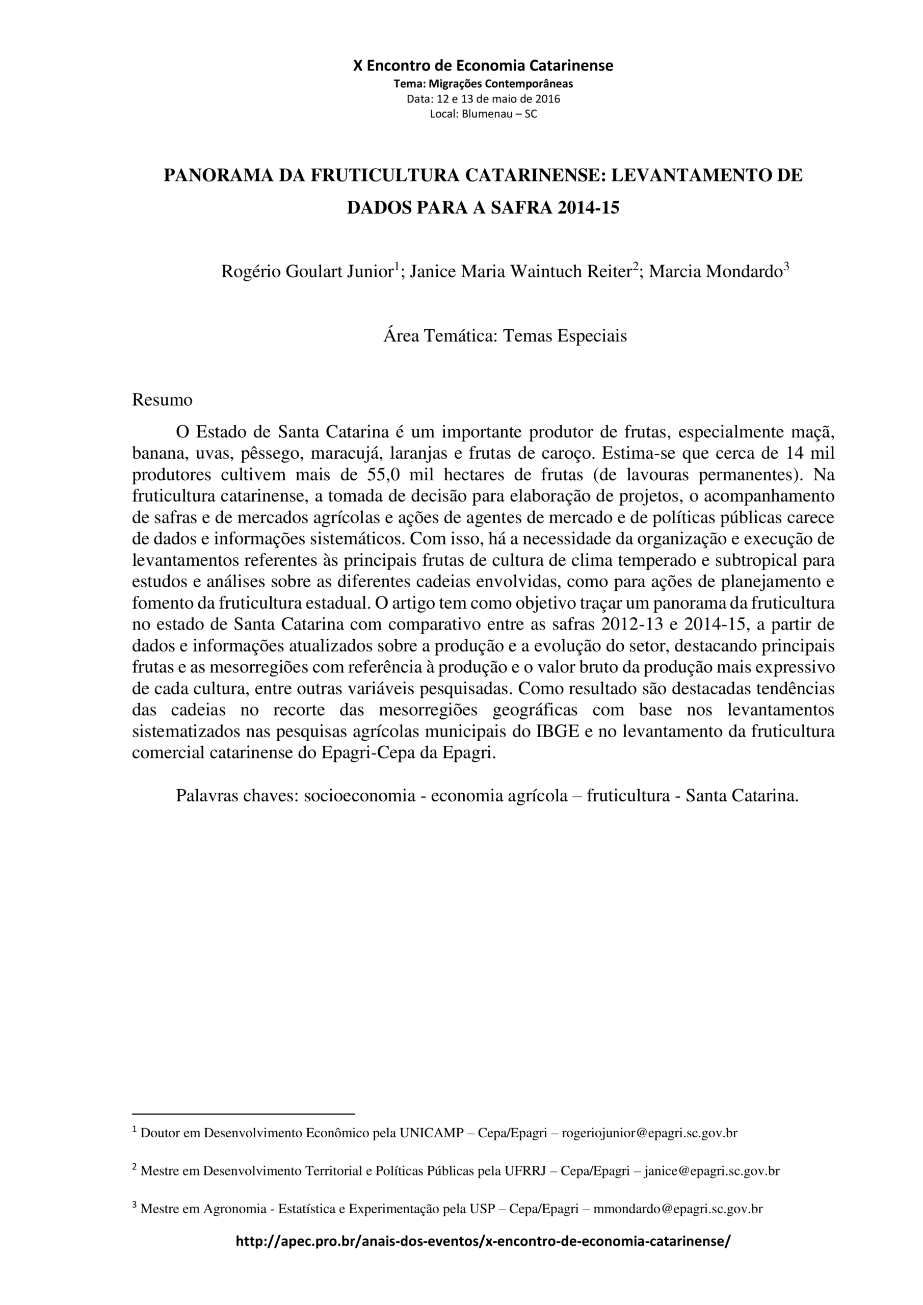 Panorama da fruticultura catarinense: levantamento de dados para a safra 2014-15
