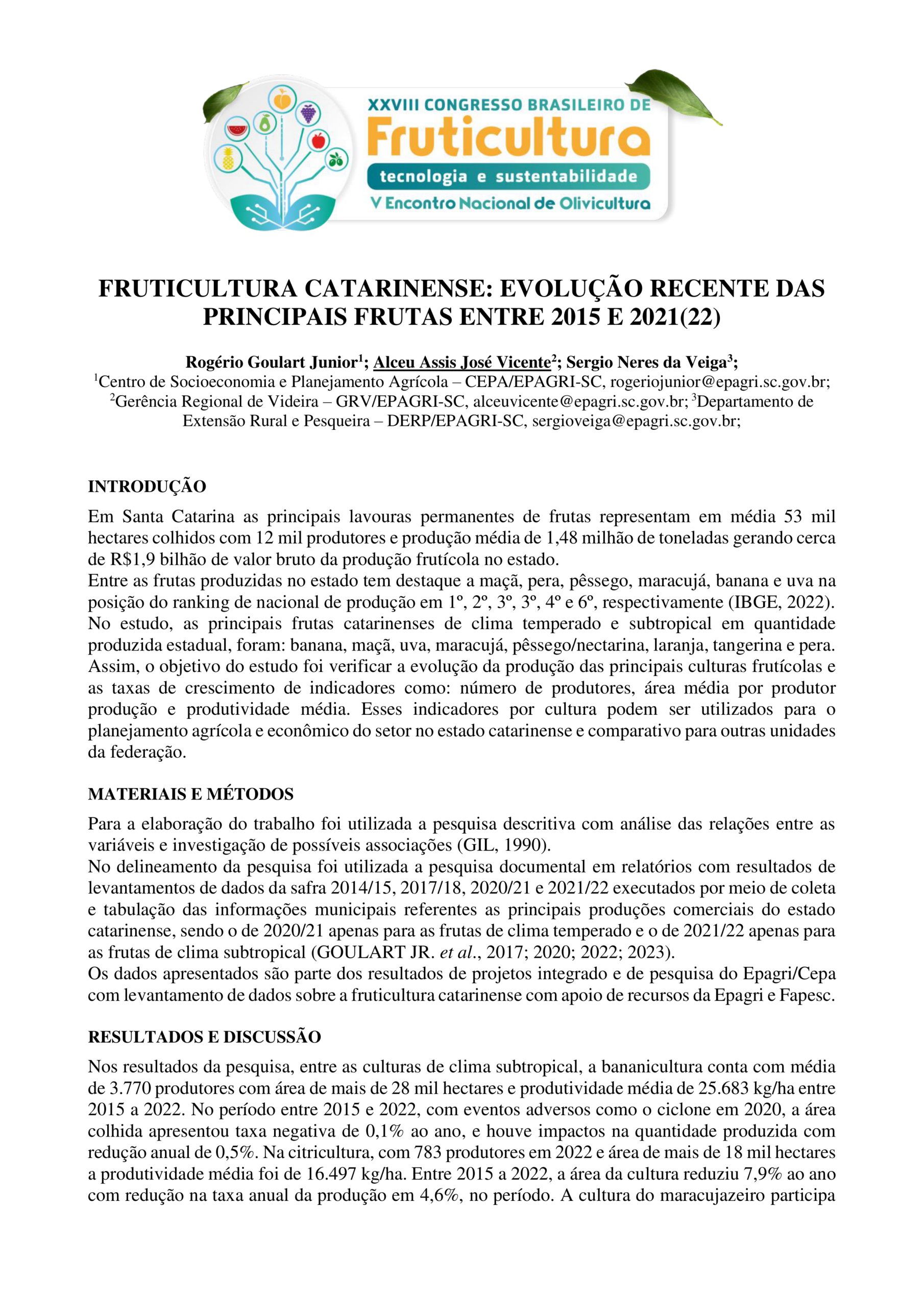 Fruticultura catarinense: evolução recente das principais frutas entre 2015 e 2021(22)