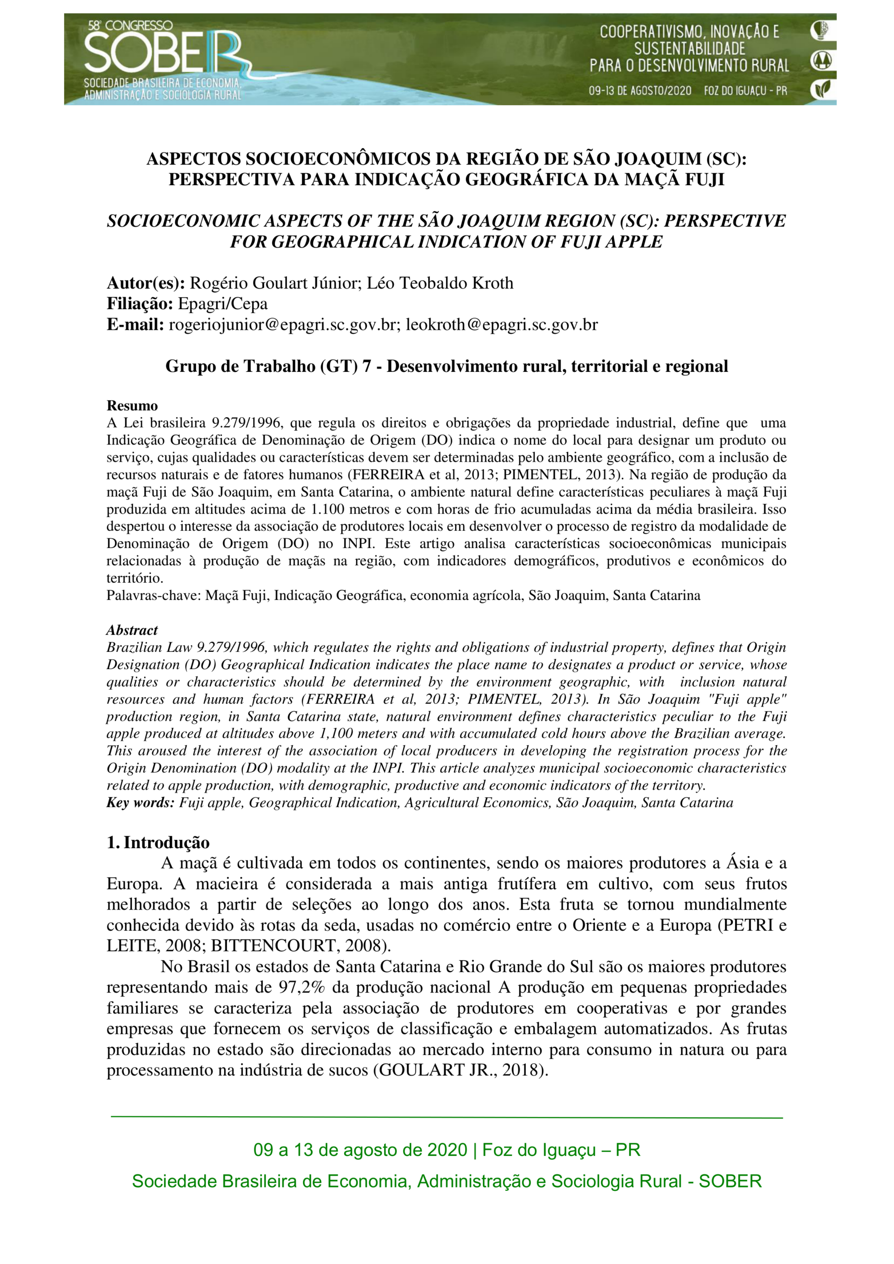 Aspectos socioeconômicos da região de São Joaquim (SC): Perspectivas para indicação geográfica da maçã Fuji