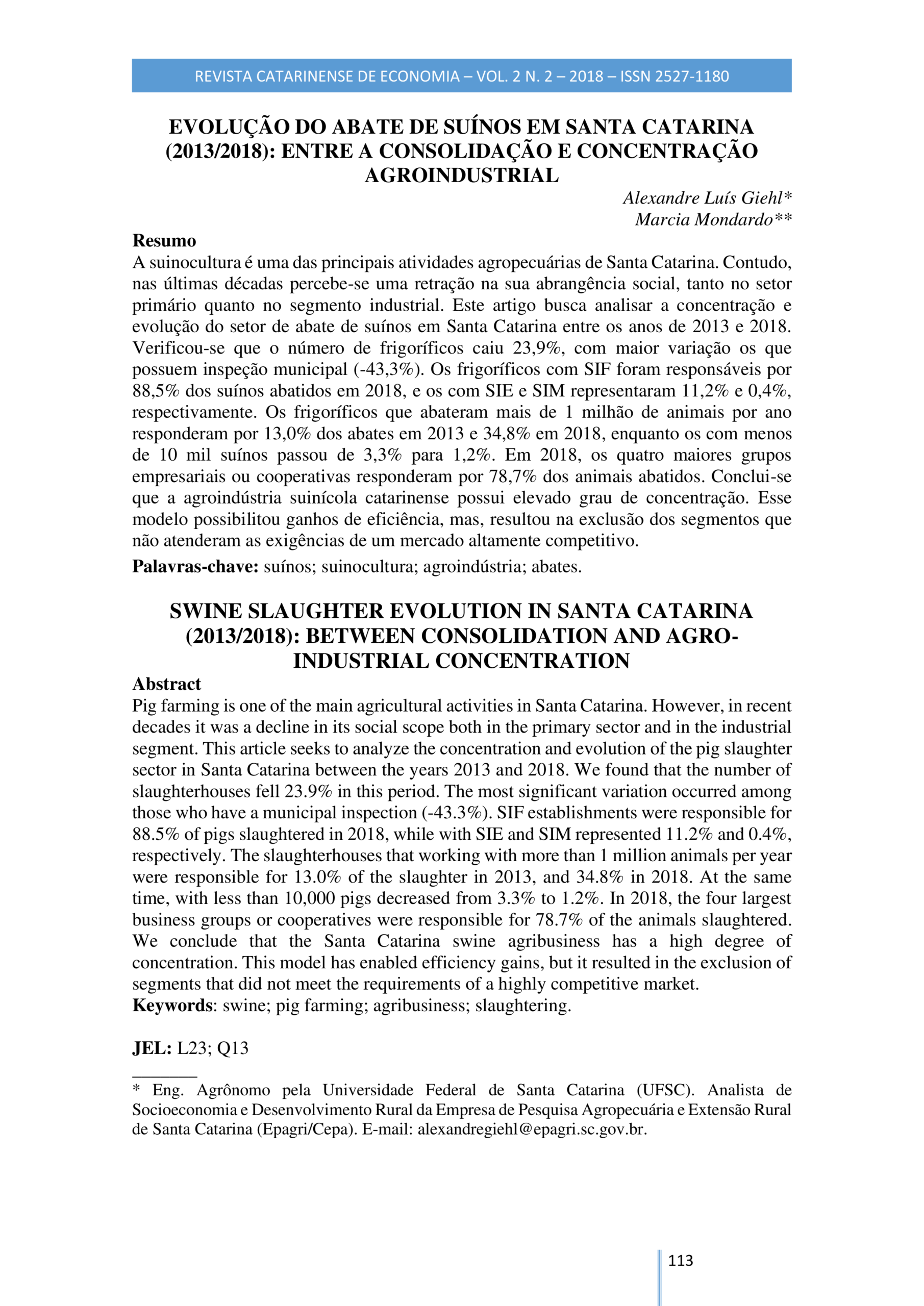 Evolução do abate de suínos em Santa Catarina (2013/2018): Entre a consolidação e concentração agroindustrial