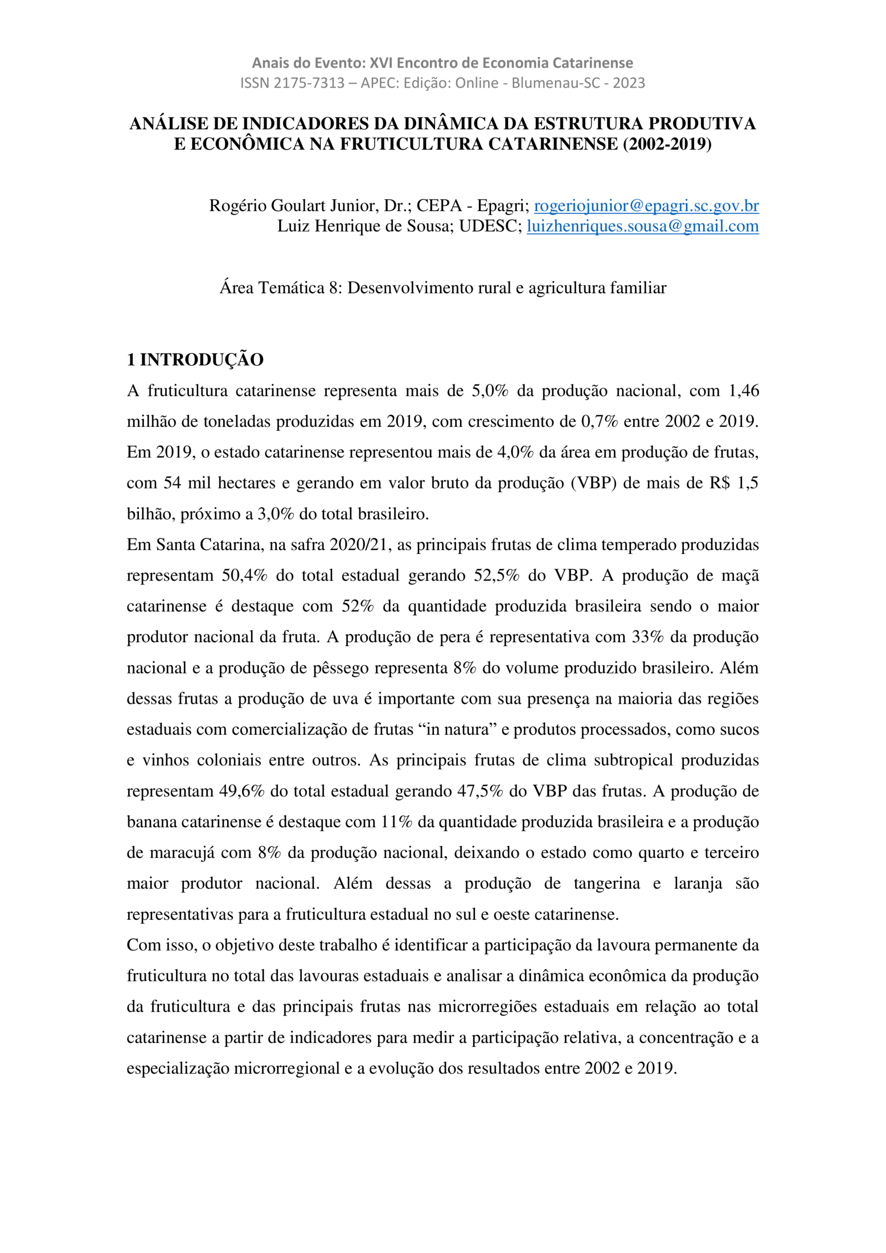 Análise de indicadores da dinâmica da estrutura produtiva e econômica na fruticultura catarinense (2002-2019)