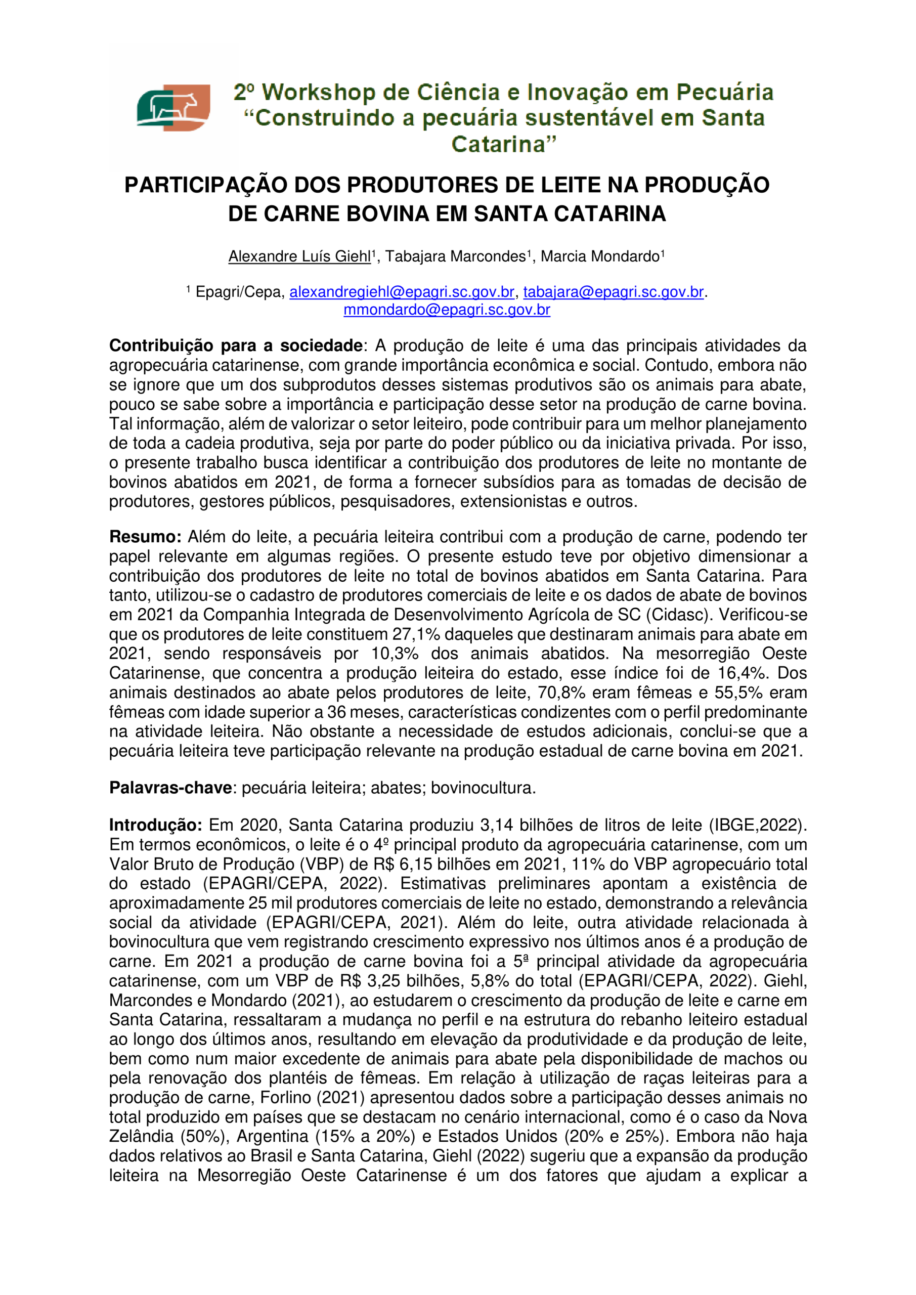 Participação dos produtores de leite na produção de carne bovina em Santa Catarina