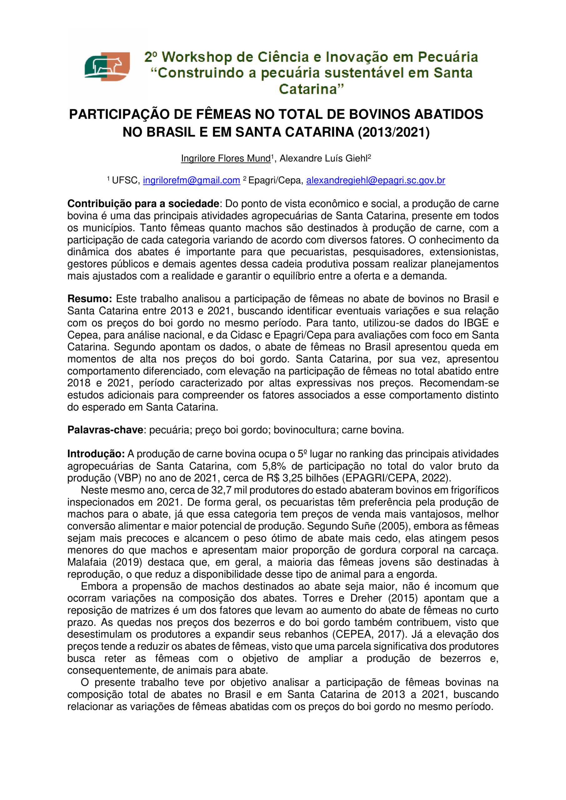 Participação de fêmeas no total de bovinos abatidos no Brasil e em Santa Catarina (2013/2021)