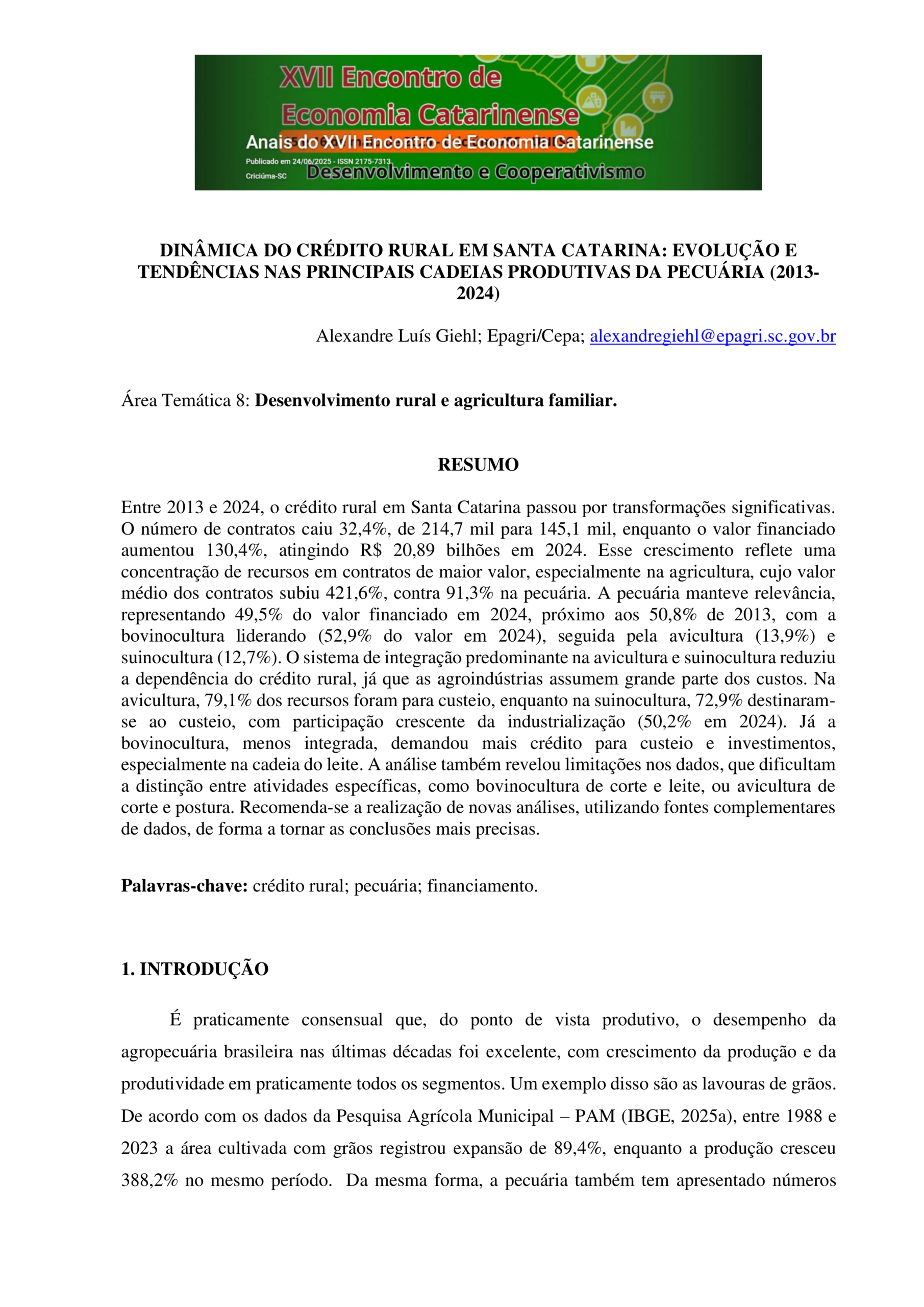 Dinâmica do crédito rural em Santa Catarina: evolução e tendências nas principais cadeias produtivas da pecuária (2013-2024)