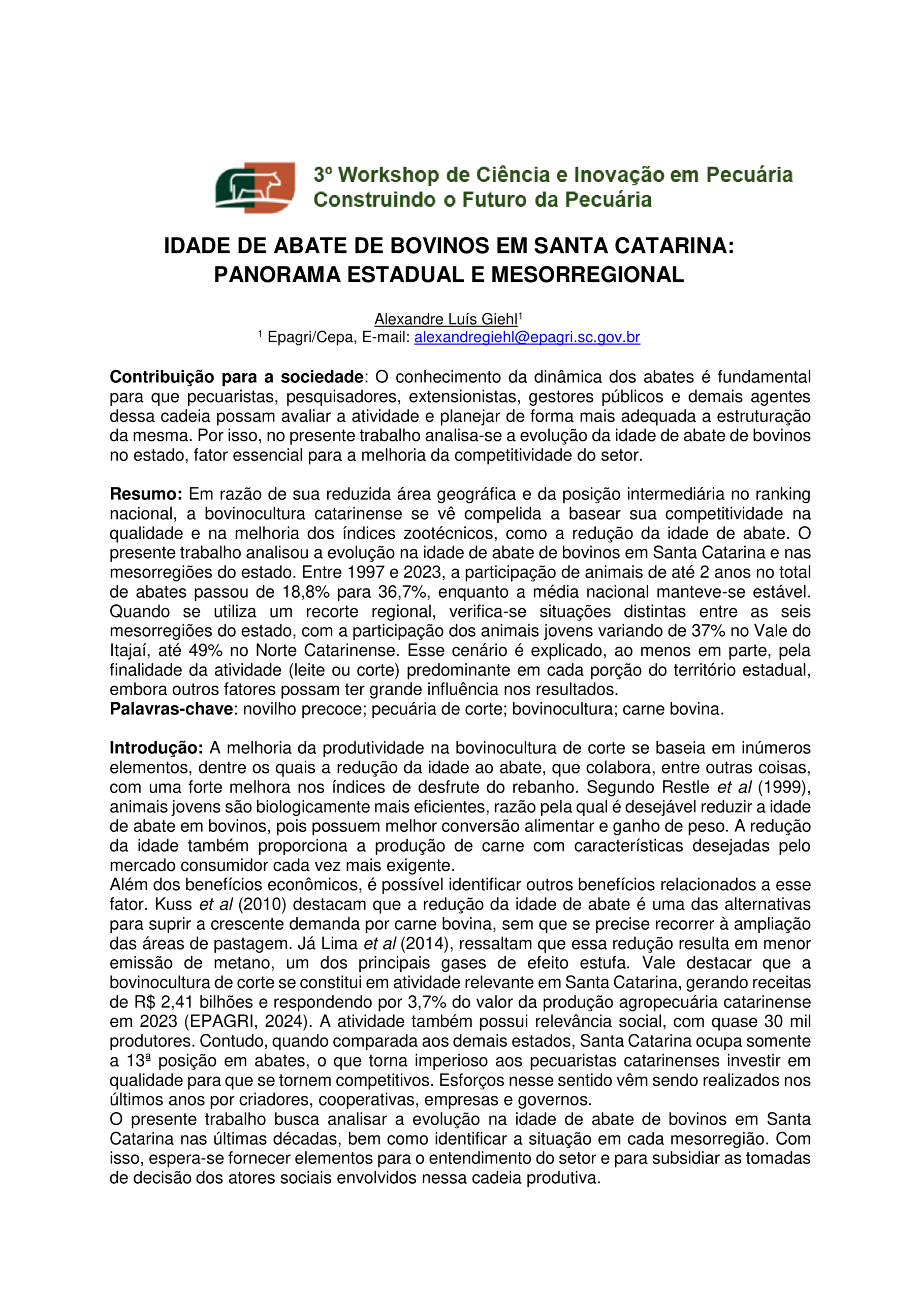 Idade de abate de bovinos em Santa Catarina: panorama estadual e mesorregional