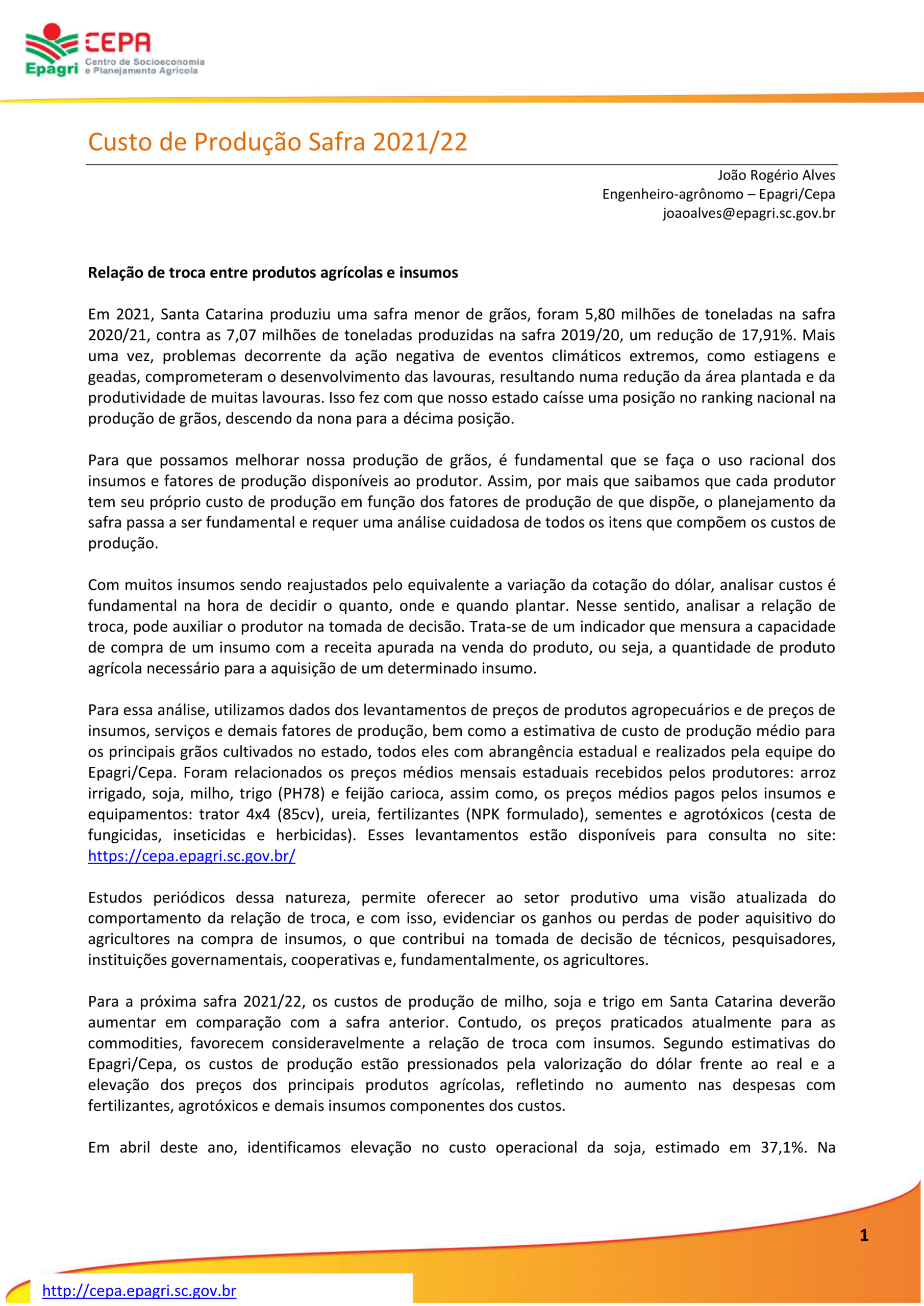Custo de Produção Safra 2021/22 – Relação de troca entre produtos agrícolas e insumos