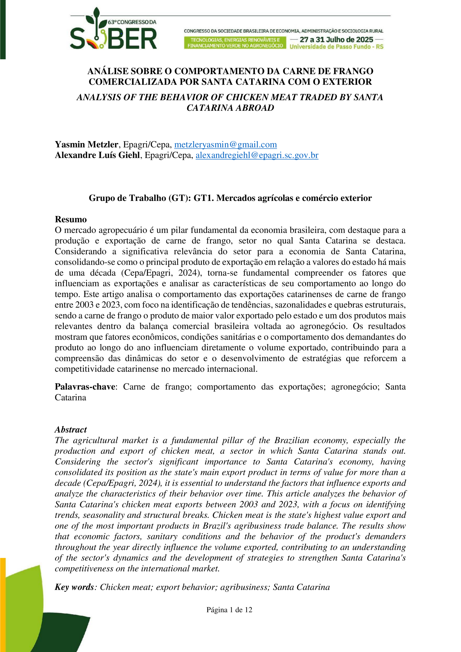Análise sobre o comportamento da carne de frango comercializada por Santa Catarina com o exterior