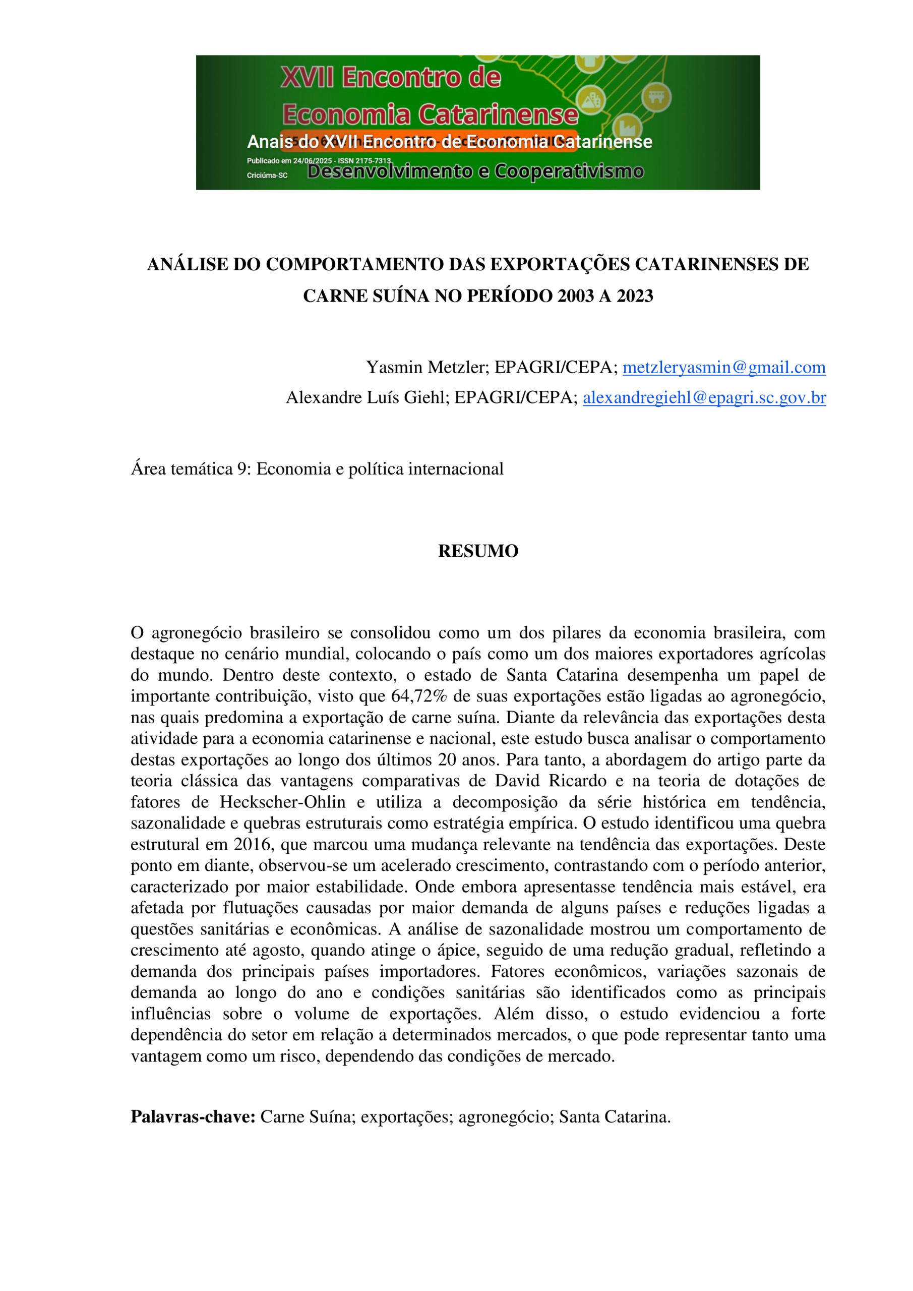 Análise do comportamento das exportações catarinenses de carne suína no período 2003 a 2023