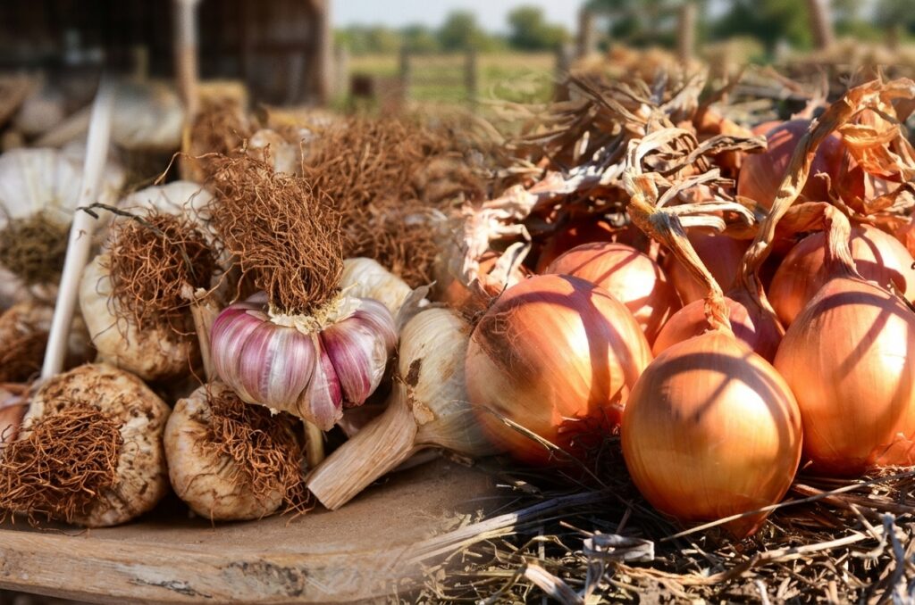 Apesar da alta produtividade, custos elevados e preços baixos deprimem a rentabilidade dos produtores catarinenses de alho e cebola (Foto: Epagri / Arte: IA)